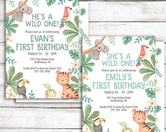 Wild One Jungle Birthday Invitation, First Birthday Jungle Theme Birthday Party Invite, Rainforest Birthday Invitation