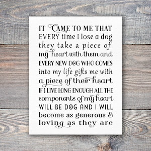 May include: Black and white text on a white background. The text reads: "IT CAME TO ME THAT EVERY time I lose a dog they take a piece of my heart with them and EVERY NEW DOG WHO COMES into my life gifts me with a piece of their heart IF I LIVE LONG ENOUGH ALL THE components of my heart WILL BE DOG AND I WILL become as generous & loving as they are"