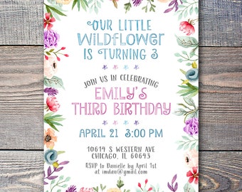 Our Little Wildflower Birthday Invitation / Wildflower Birthday Party DIY Printable / Floral Third Birthday Invite