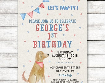 Patriotic Puppy Birthday Invitation, Dog Theme Red White and Blue Birthday Party Invite, Dog Birthday Invite