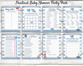 Nautical Baby Shower Games, Blue and Red Ahoy It's a Boy Baby Shower Games and Signs and Inserts