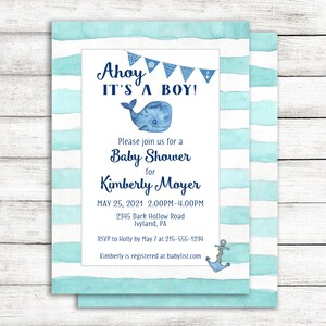 Whale Ahoy È un invito baby shower per bambini, invito alla doccia per bambini alla menta e alla balena blu