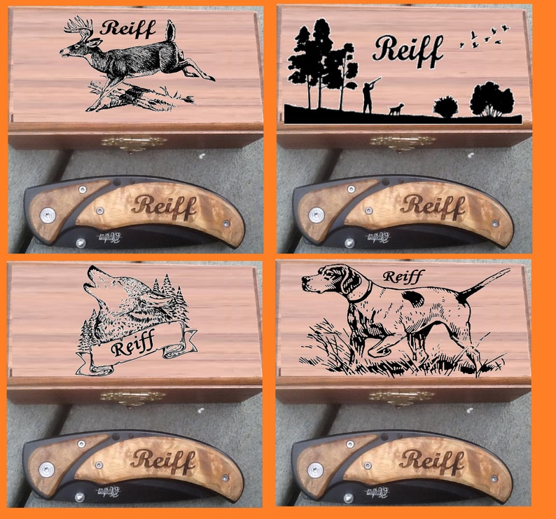 May include: Four wooden boxes with engraved images of a deer, a hunter, a wolf, and a dog. Each box has a black folding knife with a wooden handle engraved with the name 'Reiff'.