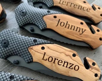 Personalized Knife with Olive Handle.