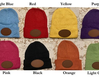 Beanie Sock Cap with Leather Tag Personalize, Engrave, Party, School, Sports Team