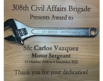 Award Plaque Gold Wrench - Personalize, Engrave - Recognition Retirement Award Prize Trophy Presentation Honor Citation