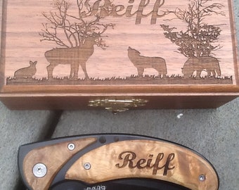 Personalized Knife in a Personalized Box.  Engrave knife or engrave box or engrave both.