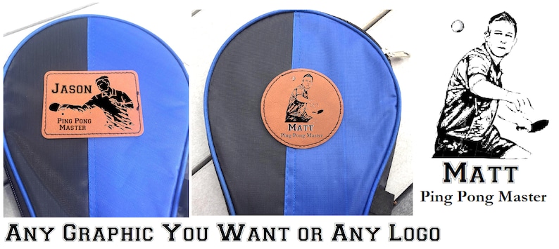 May include: A blue and black ping pong paddle bag with a brown leather patch that says "Matt Ping Pong Master".