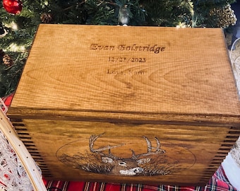 Engraved Top Ammo Box, Whitetail Deer Scene on Front, Solid Pine Notched Finger-Joint Construction - Engrave Personalize