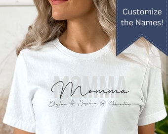 Chemise de maman personnalisée avec noms d'enfants - t-shirt de maternité personnalisé, cadeau de mère fière. Chemise de maternité fantaisiste, chemise de maman personnalisée