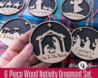 6 Piece Wood Nativity Ornament set, Laser Cut 2 Layer Wood Ornaments, Keepsake wood Nativity Ornaments, Handcrafted Ornaments,