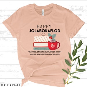 Happy Jolabokaflod Christmas Shirt, Icelandic Book Giving Tradition Shirt, Gift for book lovers, Librarian gift, Christmas book shirt Heather Peach