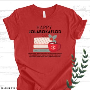 Happy Jolabokaflod Christmas Shirt, Icelandic Book Giving Tradition Shirt, Gift for book lovers, Librarian gift, Christmas book shirt Heather Red