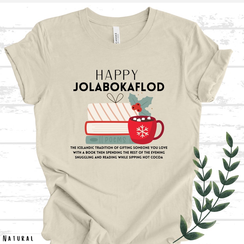 Happy Jolabokaflod Christmas Shirt, Icelandic Book Giving Tradition Shirt, Gift for book lovers, Librarian gift, Christmas book shirt Natural