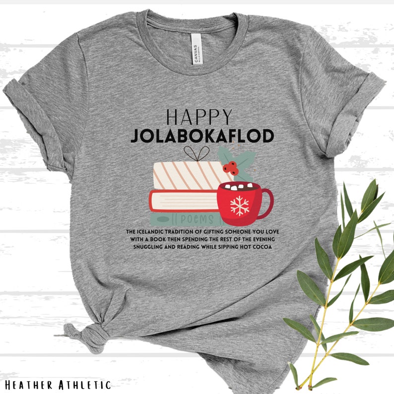 Happy Jolabokaflod Christmas Shirt, Icelandic Book Giving Tradition Shirt, Gift for book lovers, Librarian gift, Christmas book shirt Athletic Heather