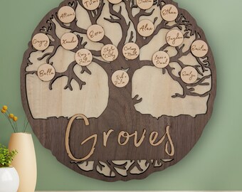 Plaque d'arbre généalogique en bois gravé, arbre généalogique personnalisé, arbre généalogique en bois rond, cadeau souvenir de famille, cadeau de mariage, cadeau d'anniversaire, généalogie