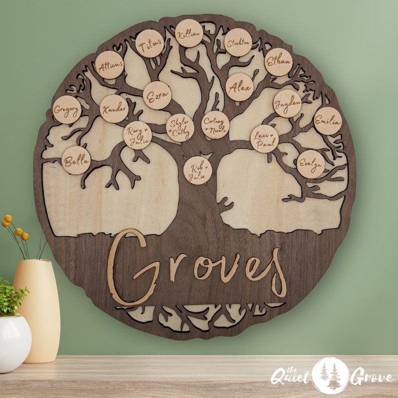 Engraved Wood Family Tree Sign, Custom Family Tree, Round Wood Family Tree, Family Keepsake Gift, Wedding Gift, Anniversary Gift, Genealogy zdjęcie 1