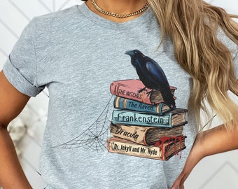 Chemise classique de pile de littérature d'horreur, chemise de pile de livres, cadeau pour les bibliothécaires, chemise d'Halloween, chemise de livre classique, chemise de livre