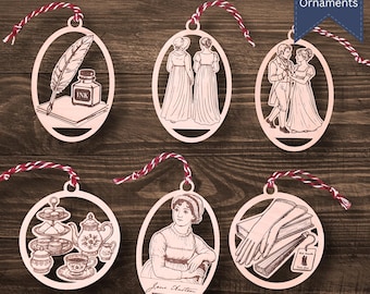 Jane Austen Wood Ornament Set | 250th Anniversary 2025 | Engraved Regency Christmas Ornaments | Literary Gift | Buy Individual or Full Set