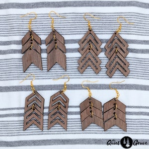 Wood Chevron Dangle Earrings, Wood Geometric Earrings, Laser Cut Earrings, Walnut Wood Earrings, Gift for her, Wood Chevron Earrings
