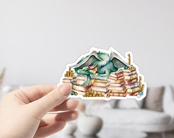 Dragon&#39;s Book Hoard Sticker, Dragon Sticker, Book Sticker, Bookish Sticker, Book lover Sticker, Book-Dragon Sticker, Kiss-Cut Sticker