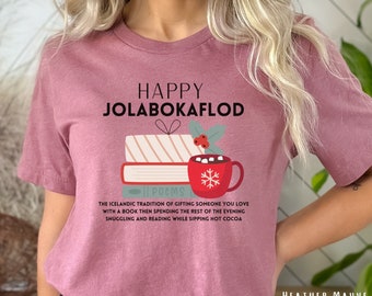 Chemise de Noël joyeux Jolabokaflod, chemise islandaise traditionnelle de don de livres, cadeau pour les amateurs de lecture, cadeau de bibliothécaire, chemise de livre de Noël