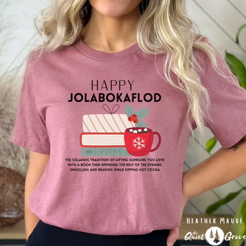 Happy Jolabokaflod Christmas Shirt, Icelandic Book Giving Tradition Shirt, Gift for book lovers, Librarian gift, Christmas book shirt Heather Mauve