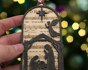 O Holy Night Wood Nativity Ornament, Laser Cut Ornament, Laser Engraved Christmas Carol Ornament, 2 Layer Wood Christmas Ornament