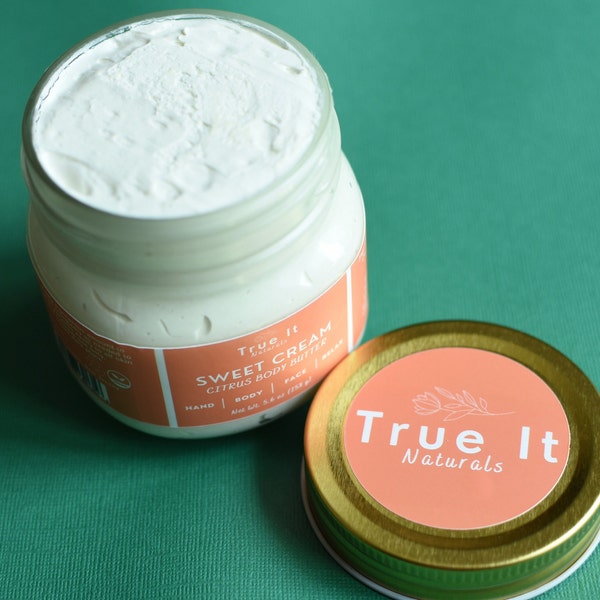 Whipped Sweet Cream Citrus Body Butter - Organic - Vegan - Body Butter For Use After The Shower - Dry Skin - Glass Jar