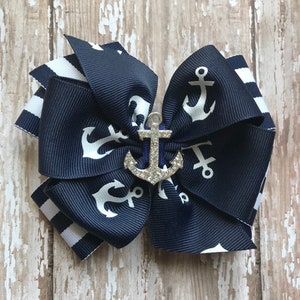 Nautical anchor hair bow headband rhinestone anchor Big bow navy stripe white 5 inch bow Sailing summer photo bow