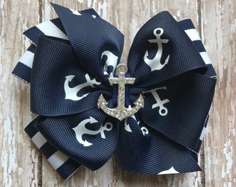 Nautical Anchor Hair Bow: Navy Stripe, Rhinestone Anchor, 5 Inch
