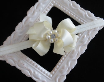 Ivory Satin Baby Headband: Pearl Rhinestone Bow, Christening Flower Girl