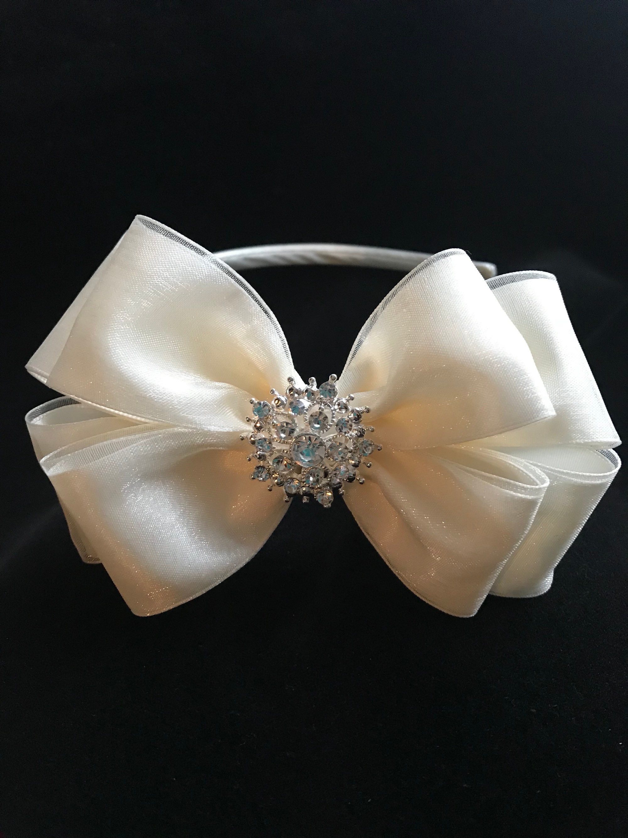 IVORY Flower Girl Hair Bow Headband Rhinestone Pearl Satin Etsy