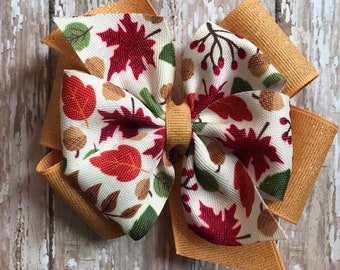 Fall Leaves Hair Bow: Gold Shimmer Autumn Headband