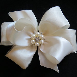 IVORY satin Antique white  organza hair bow headband Flower girl rhinestone pearl  5 inch wedding  pageant hair clip barrette elegant Cici&#39;s