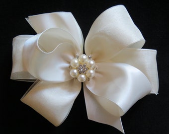 IVORY satin Antique white  organza hair bow Flower girl rhinestone pearl  5 inch wedding  pageant hair clip barrette elegant Cici's