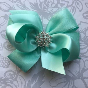 Aqua Mint green hair bow headband  Beach wedding rhinestone Satin Organza 5 inch  clip toddler girl flower girl pageant wedding boutique