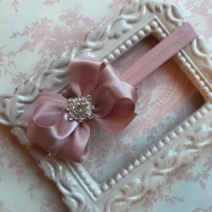 Blush pink satin & organza Small Medium hair bow FOE elastic headband pearl rhinestone flower girl baby infant toddler
