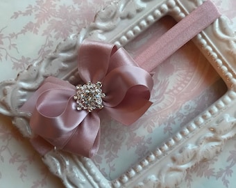 Blush pink satin & organza Small Medium hair bow FOE elastic headband pearl rhinestone flower girl baby infant toddler