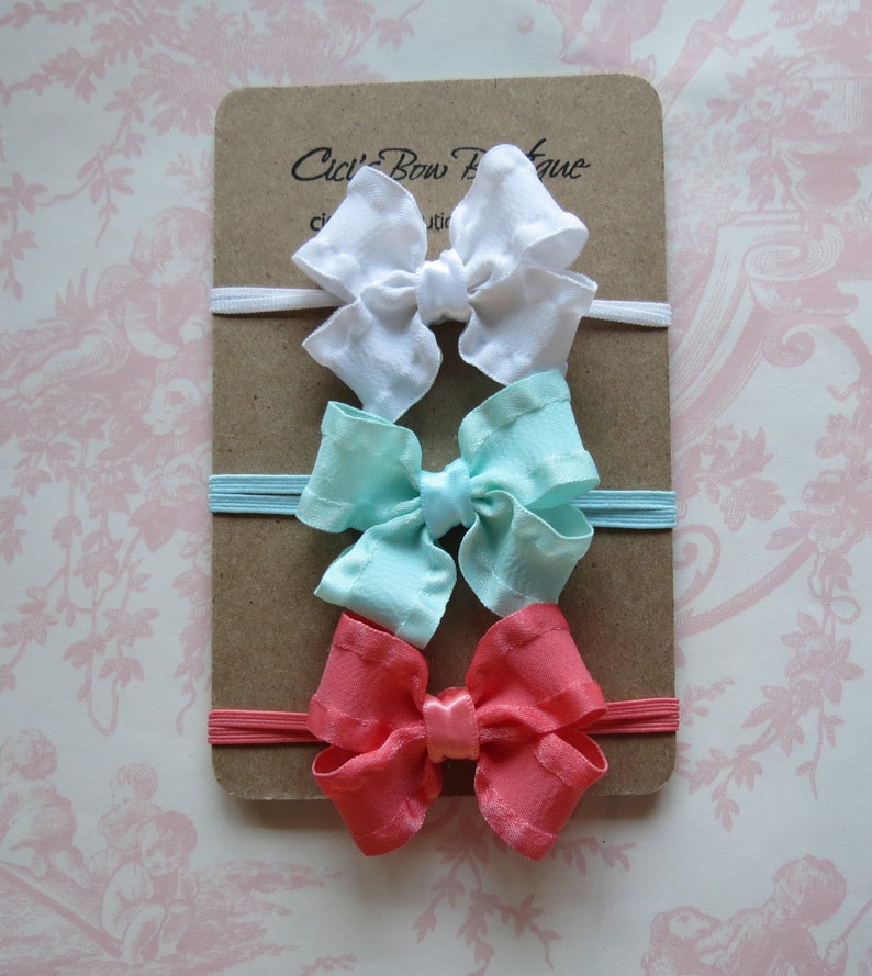 Gift set of 3 tiny hair bows coral aqua white newborn baby toddler double ruffle skinny elastic dainty Cici/'s boutique