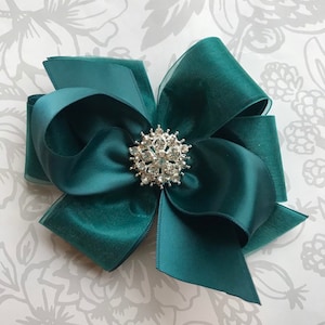 Dark green teal satin organza hair bow Spruce rhinestone Christmas bling pinwheel pageant alligator hair clip photo