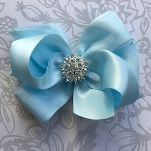 Light baby blue big satin hair bow flower girl wedding rhinestone pearl organza 5 inch clip toddler girl pageant boutique Cici&#39;s