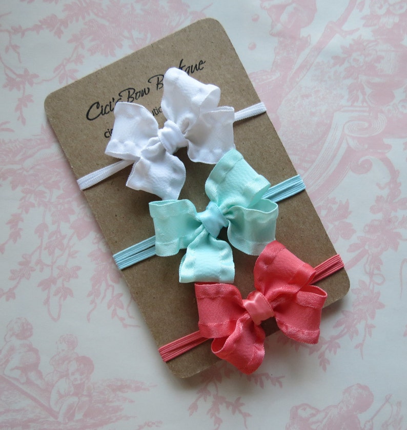 Gift set of 3 tiny hair bows coral aqua white newborn baby toddler double ruffle skinny elastic dainty Cici/'s boutique