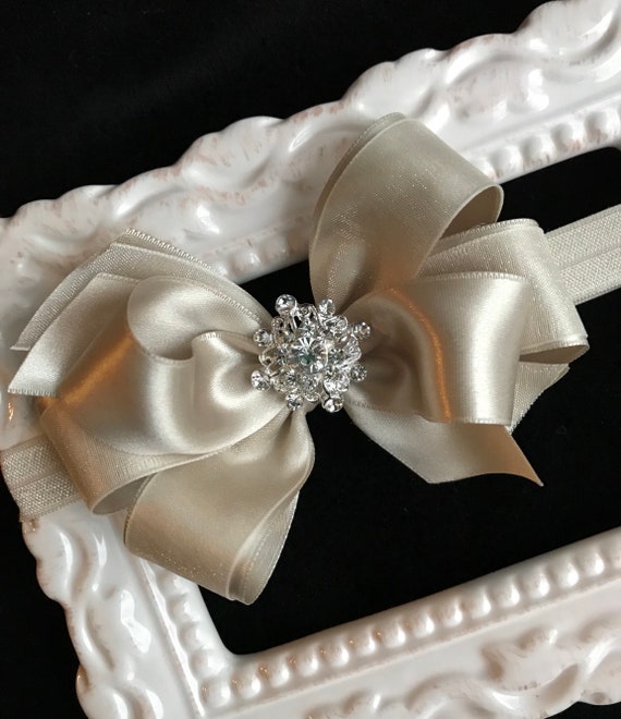 Champagne Satin Hair Bow Headband: Rhinestone Flower Girl  display picture 1