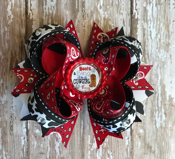 COWGIRL Hair Bow Headband Rodeo Bow Bandana Red Black Grosgrain