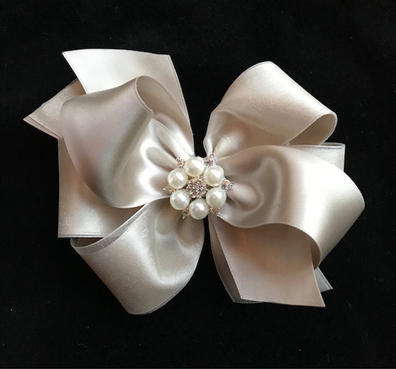 Champagne Satin Hair Bow: Rhinestone Pearl Center, Wedding  display picture 3