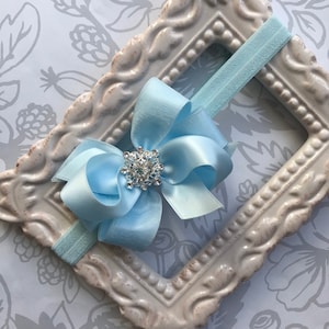 Light blue satin & organza Small Medium hair bow FOE elastic headband pearl rhinestone flower girl rhinestone baby infant toddler