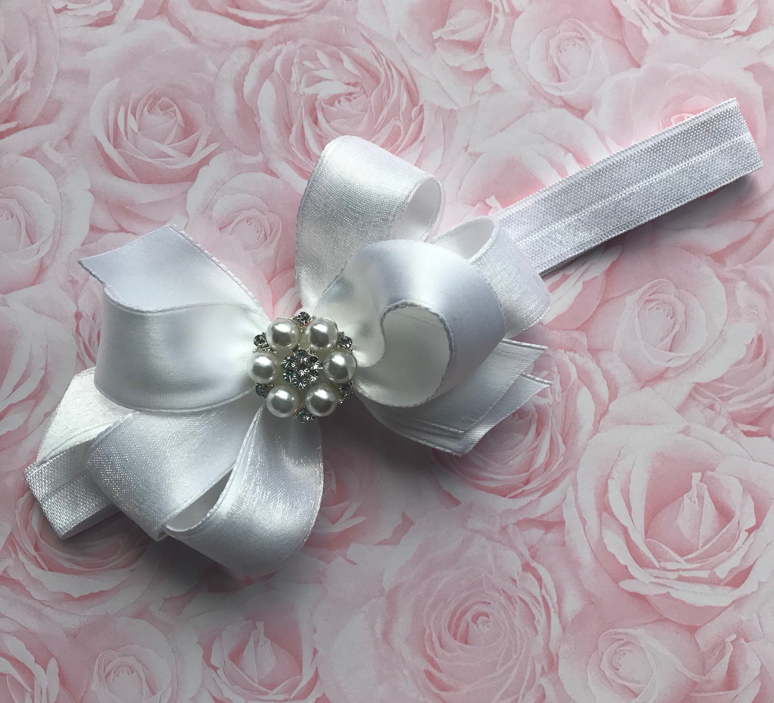Embellished White Satin Headbands with Pink Bows & Rhinestones • SET OF 3 Soft Pink & White Bling Sheer Chiffon Dainty 3 main image 2