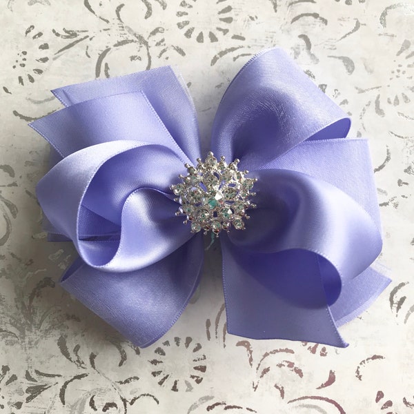 IRIS satin hair bow flower girl wedding lavender purple lilac rhinestone pearl organza 5 inch  clip toddler girl pageant boutique Cici's