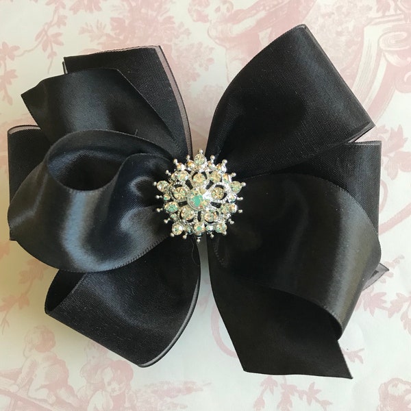 BLACK satin organza hair bow fancy elegant Christmas  rhinestone 5 inch flower girl pageant alligator hair clip Cici's